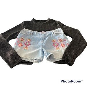 Childrens Place Big Girls Aztec embroidered Adjustable Waist Denim Shorts + Top